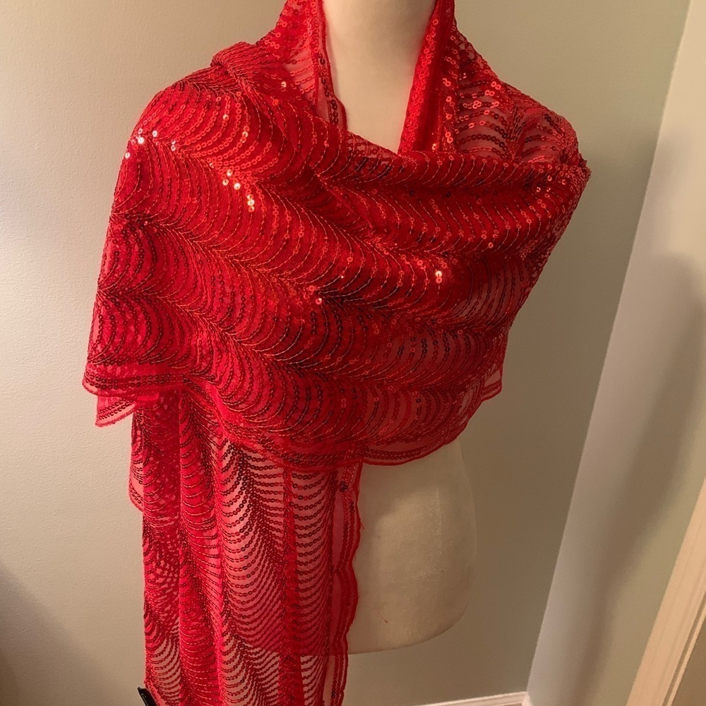 Cejon red sequined shawl sheer wrap, one size